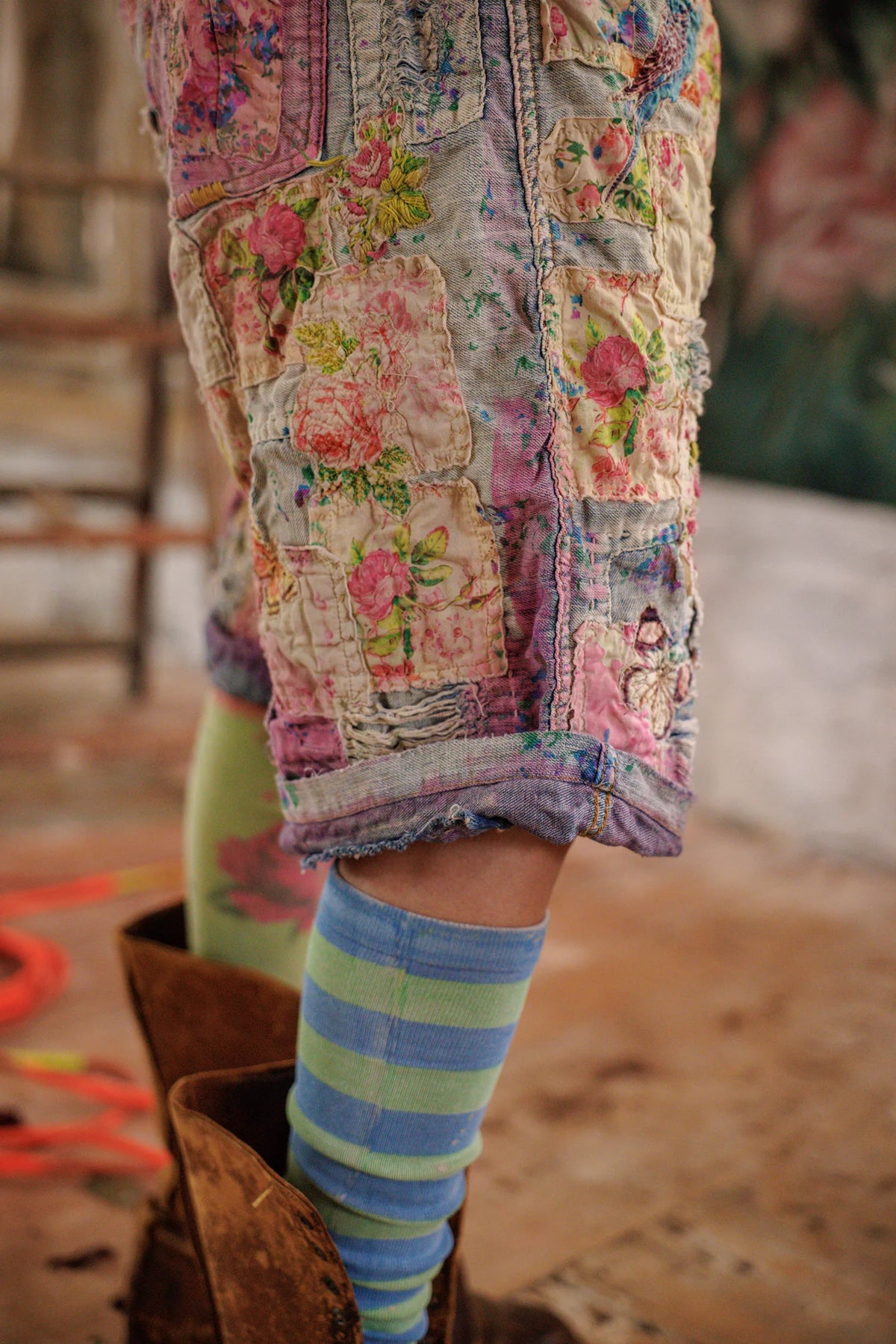 Floral Miner Denim Shorts